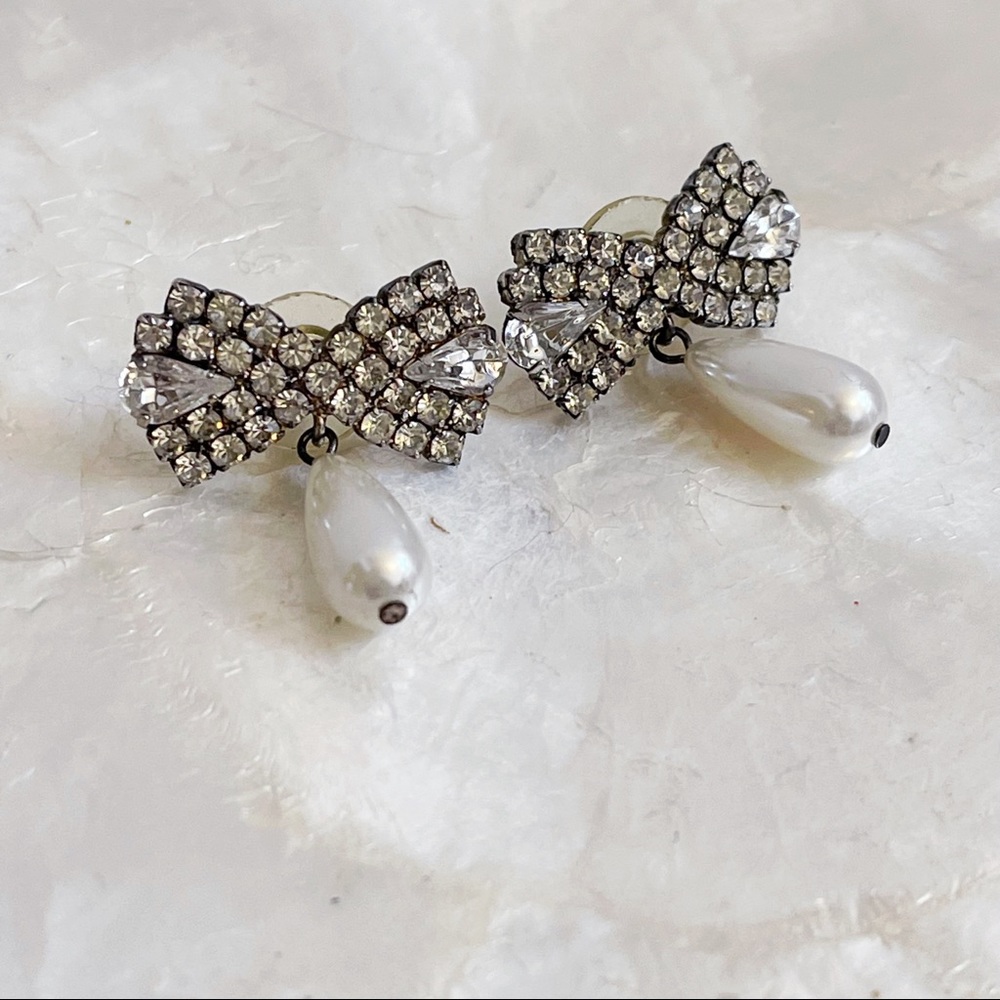 Silver Tone Rhinestone Dangling Faux Pearl Bow Earrings Bridal Black Tie Party